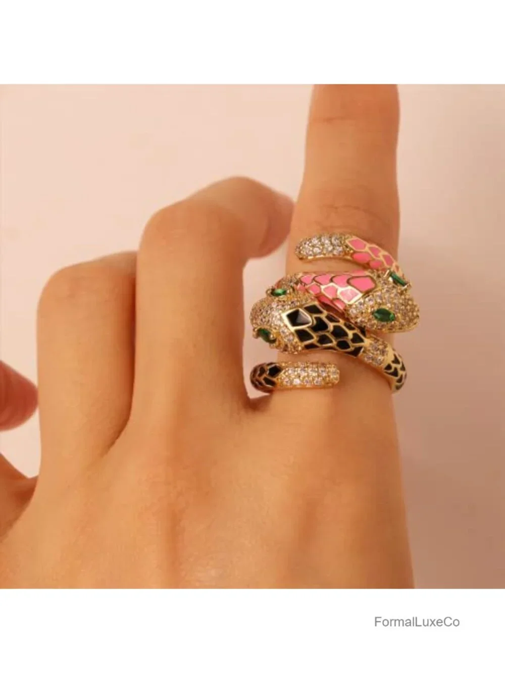Adjustable Open Snake Ring - Gold Plated Brass, Cubic Zirconia, Oval